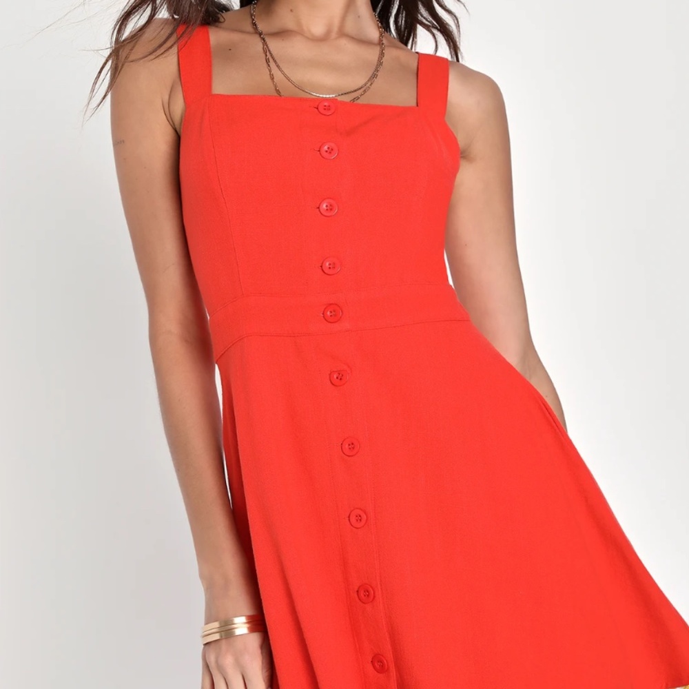 Brand New Lulu's Red Orange Button-Up Mini Dress With Pockets (Size M)